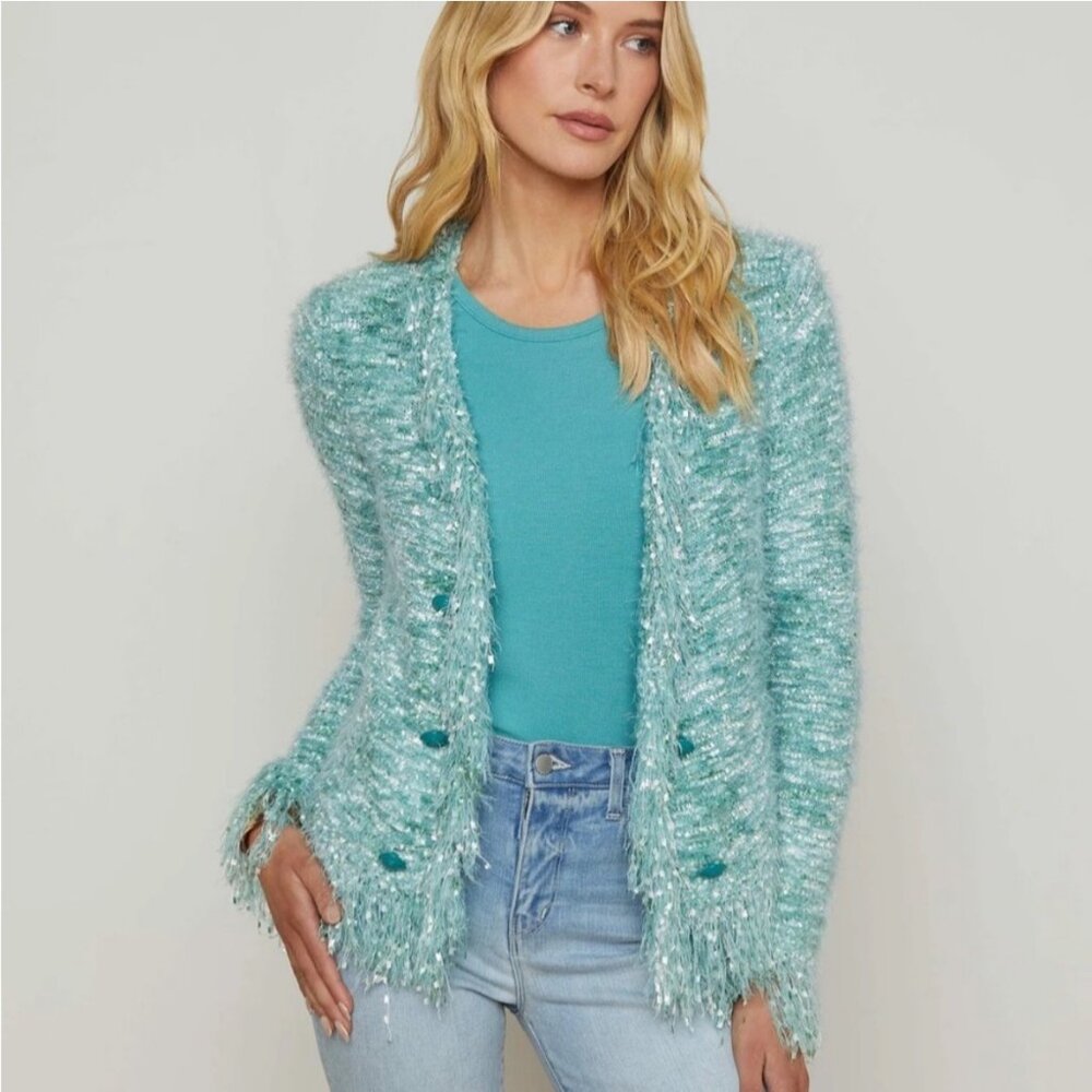 NWT L'Agence Azure Jade Fringe Double Breasted Open Cardigan Blazer